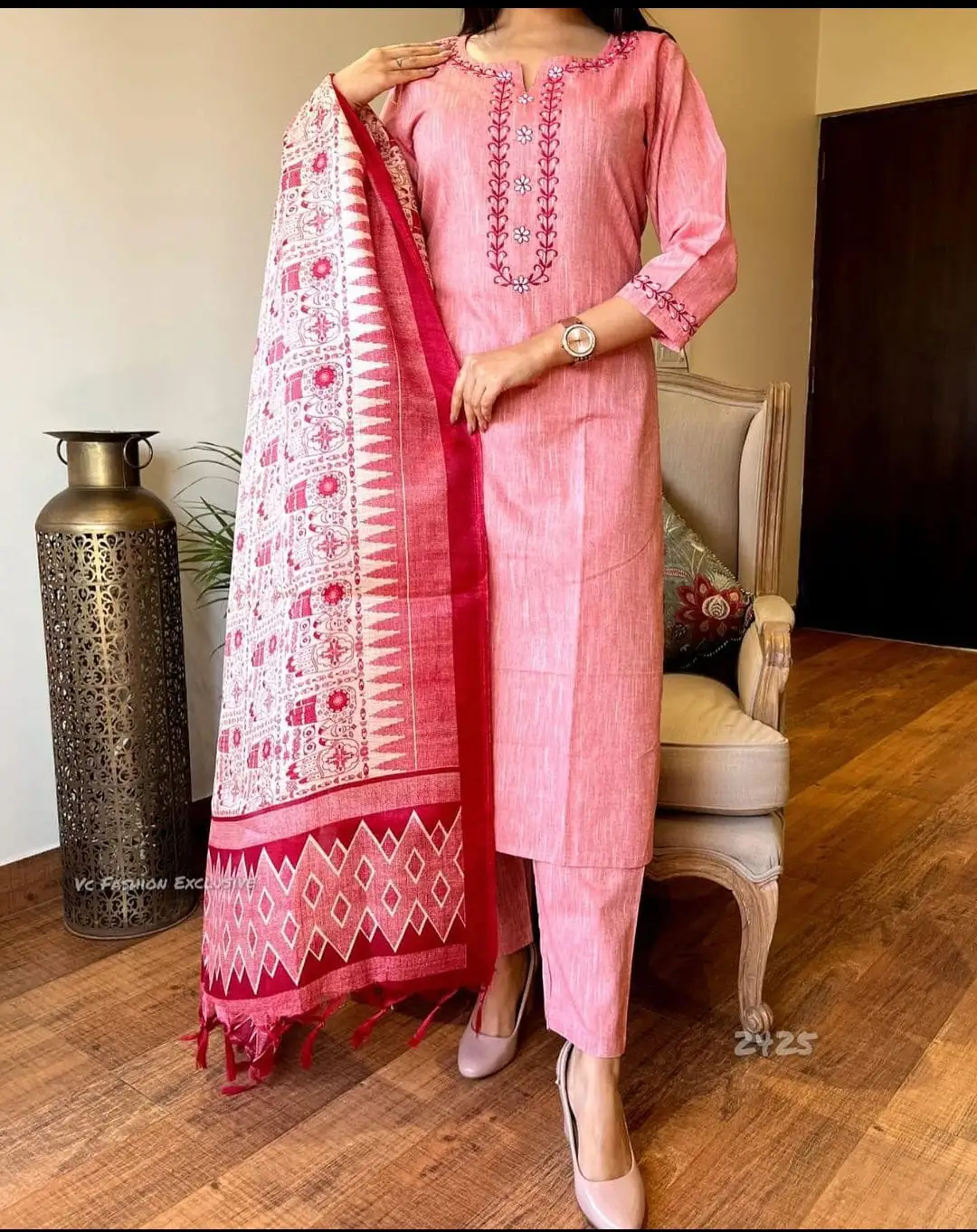 Charming Pink Colored Party Wear Embroidered Khadi Cotton Kurti-Palazzo Set-vachngandaiphat.com.vn