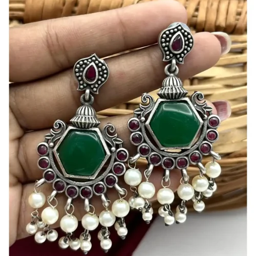 Oxidized German Silver Drop Earrings with Pearl Drop