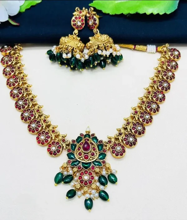 Gold Plated Stone Studded Necklace Set with Earrings