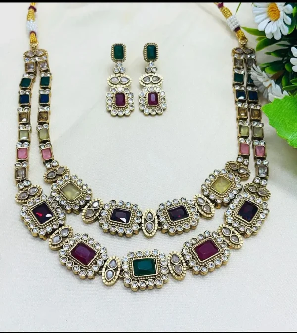 Multi-Color Stone Studded Necklace Set with Earrings