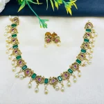 Gold Plated Green & Magenta Necklace Set with Earrings