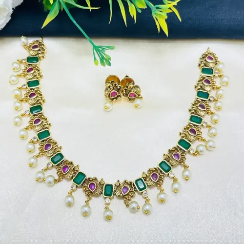 Gold Plated Green & Magenta Necklace Set with Earrings