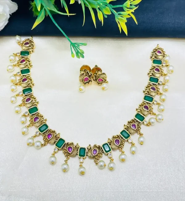 Gold Plated Green & Magenta Necklace Set with Earrings